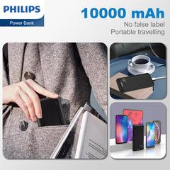 Philips 10000mAh Power Bank 5V/2.1A with Dual USB A and USB-C Input Ports, Portable Charger Battery Pack Fast Charging Universal Power Bank Black DLP1810NB/62