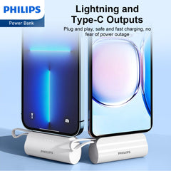 Philips Mobile battery 4800 mAh high Capacity Lightweight and Compact with Built-in Lightning Connector USB-C cable Simultaneous Charging of Two Devices Mobile Charger with Pass-through Function Concealed Stand PSE Certified DLP2550VW