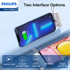 Philips Mobile battery 4800 mAh high Capacity Lightweight and Compact with Built-in Lightning Connector USB-C cable Simultaneous Charging of Two Devices Mobile Charger with Pass-through Function Concealed Stand PSE Certified DLP2550VW