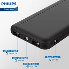 Philips 10000mAh Power Bank 5V/2.1A with Dual USB A and USB-C Input Ports, Portable Charger Battery Pack Fast Charging Universal Power Bank Black DLP1810NB/62