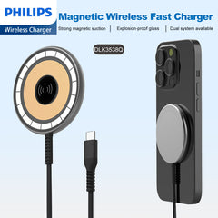 Philips Magnetic Wireless Charger Magsafe, 2m Type C Qi 15W Fast Charging wireless Charging Station Mag Wall Charger Pad for iPhone 15/14/13/12/AirPods Pro 2 Phone Black DLK3538Q