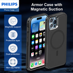 Philips iPhone 15 Pro Max Armor Magnetic Case with MagSafe, Bumper Shell with Lanyards, Heavy Duty Dual-Layer Shockproof Drop Protection Phone Case for Men Women【Anti-Slip】【Dustproof】【Shockproof】- Black DLK6123B