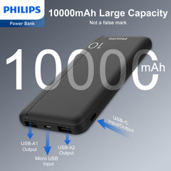 Philips 10000mAh PD Power Bank 5V/3A with Dual USB A and USB-C Input Ports, Portable Charger Battery Pack Fast Charging Universal Power Bank Black DLP1810CB/00