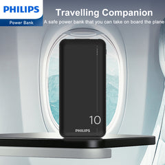 Philips 10000mAh PD Power Bank 5V/3A with Dual USB A and USB-C Input Ports, Portable Charger Battery Pack Fast Charging Universal Power Bank Black DLP1810CB/00