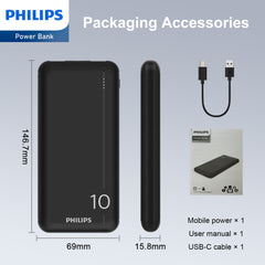 Philips 10000mAh PD Power Bank 5V/3A with Dual USB A and USB-C Input Ports, Portable Charger Battery Pack Fast Charging Universal Power Bank Black DLP1810CB/00