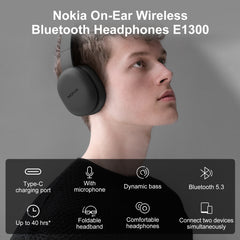 Nokia Wireless Bluetooth 5.3 Headphones Over Ear Black E1300