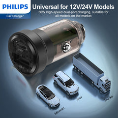 Philips Ultra Fast Car Charger with USB-A to USB-C Cable (DLP2522A)