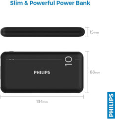 Philips 10000mAh Power Bank 5V/2.1A with Dual USB A and USB-C Input Ports, Portable Charger Battery Pack Fast Charging Universal Power Bank Black DLP1810NB/62