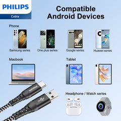 PHILIPS USB Type C Cable, USB-A to USB-C Black Braided Fast Charging Cable, Compatible with iPad Pro, iPhone 15, MacBook, Samsung Galaxy, Google Pixel (125cm USB-A to Type-C Cable) DLC4572A