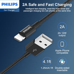 Philips Dual USB-A Port Car Charger with Lightning Cable (DLP2510L)