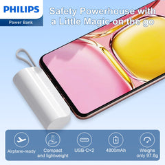 Philips Mini Portable Charger for iPhone with Cable, 4800mAh Power Bank Small Battery Pack Charger Compatible with Samsung Galaxy, LG,White  DLP2550CW